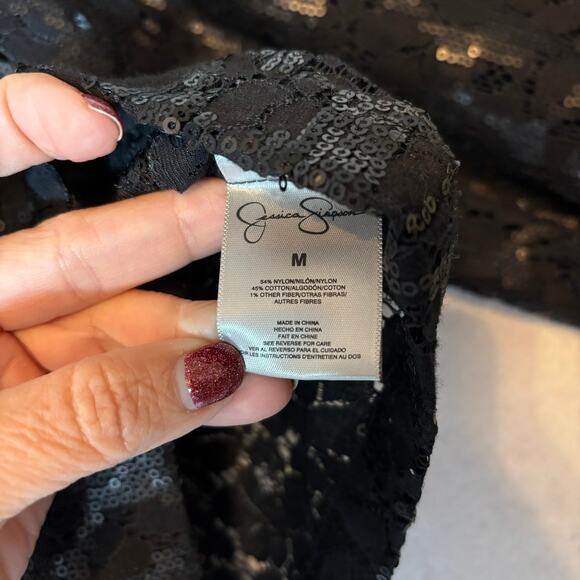 Jessica Simpson Womens Black Sequin Lace Square-Neck Blouse Top Sz M - Picture 3 of 7